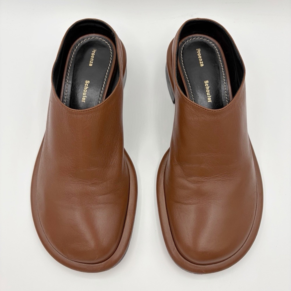Proenza Schouler Brown Leather Pipe Flat Mules Size 7 EU 37 Shoes Made In Italy